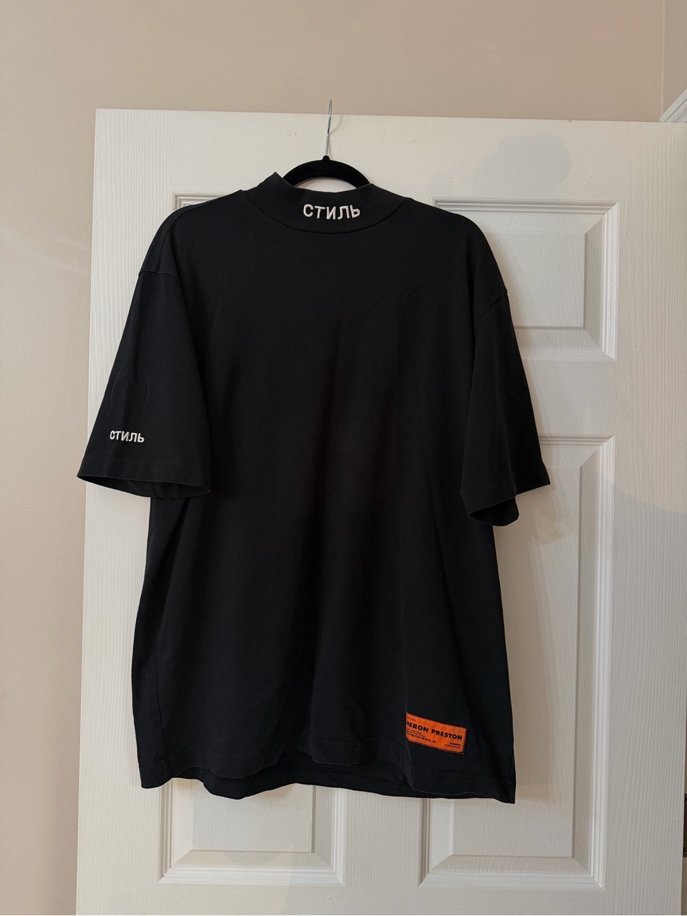 Heron Preston Men Black Mock Neck Embroidered Logo Patch T-Shirt - Size L